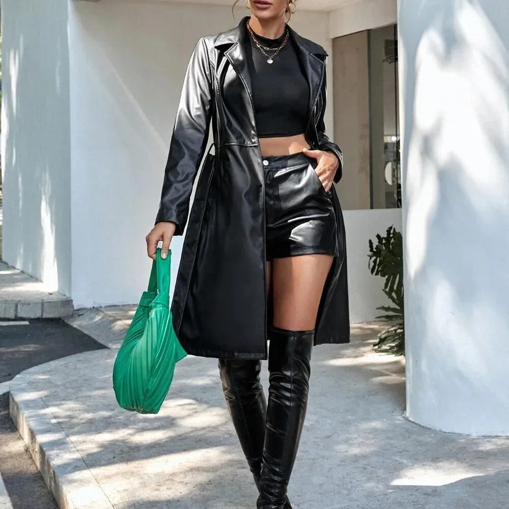 Black Party Women's Lapel Collar Belted Faux Leather Trench Coat - Picture 1 of 6